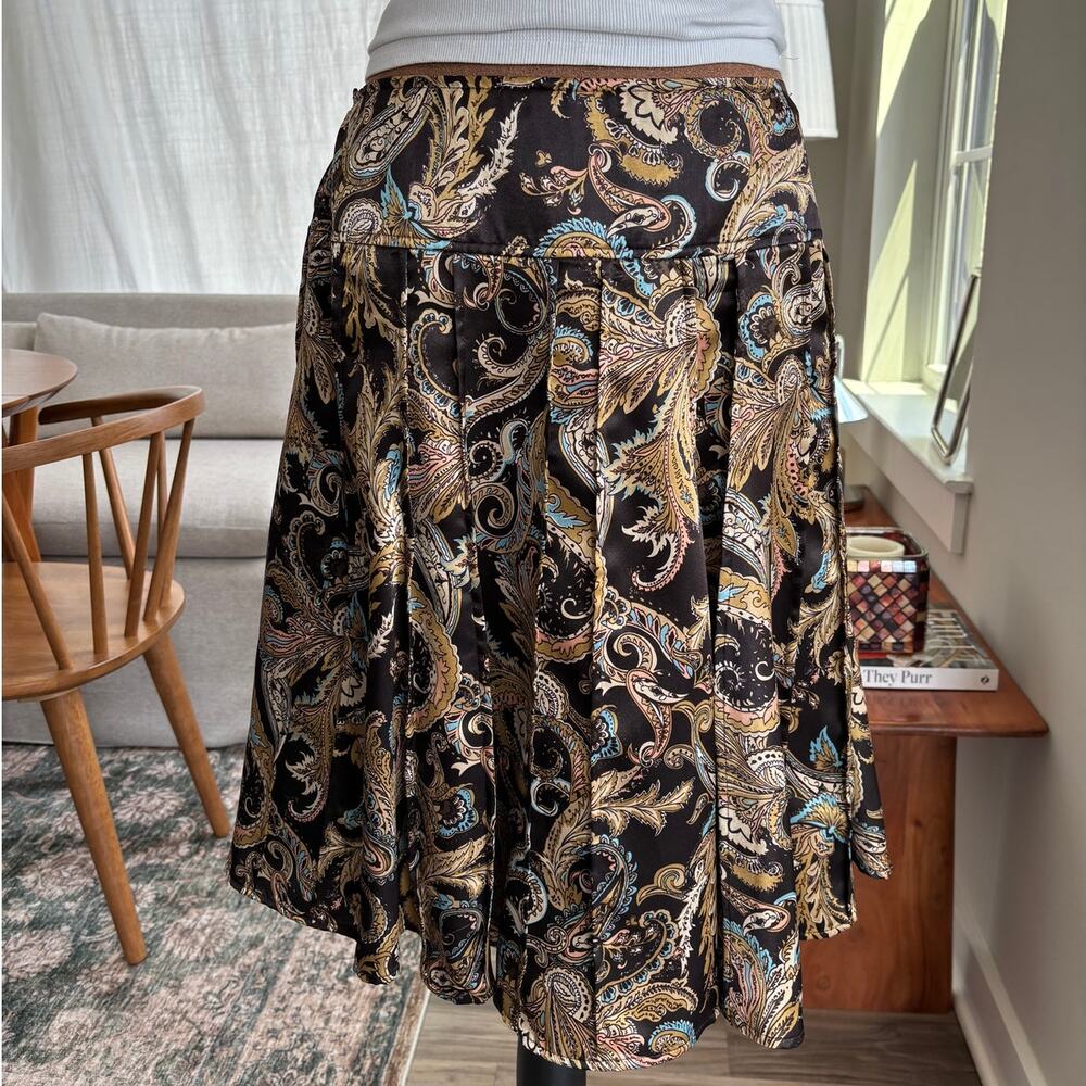 90s Vintage Worthington Paisley Satin Midi Skirt Pleated Brown Gold Glam Size 14